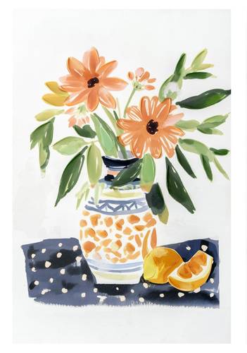 Quadro stampa fiori e limoni vaso arancio 60x90