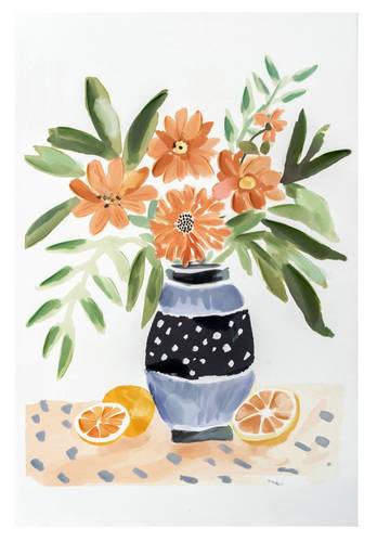 Quadro stampa fiori e arance vaso blu 60x90