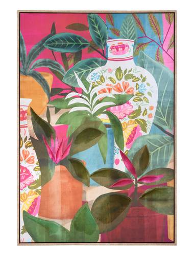 Quadro vasi e foglie verdi con fondo rosa stampa con cornice legno 80x120h