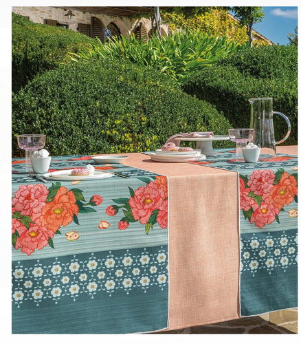 Runner antimacchia da tavolo Parigi fiori su fondo azzurro blu 50x155