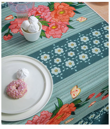 Runner antimacchia da tavolo Parigi fiori su fondo azzurro blu 50x155