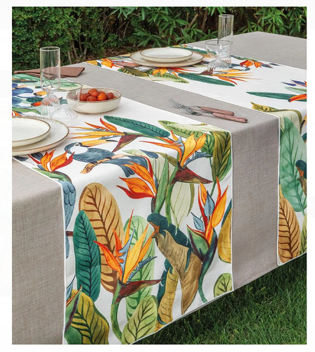Runner antimacchia da tavolo Rio foglie tropicali e tucani 50x155