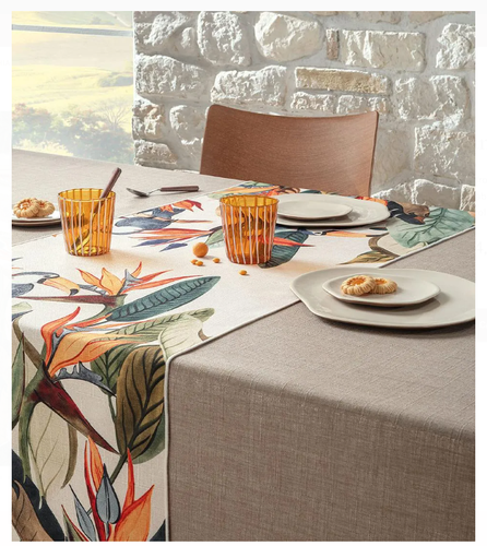 Runner antimacchia da tavolo Rio foglie tropicali e tucani 50x155