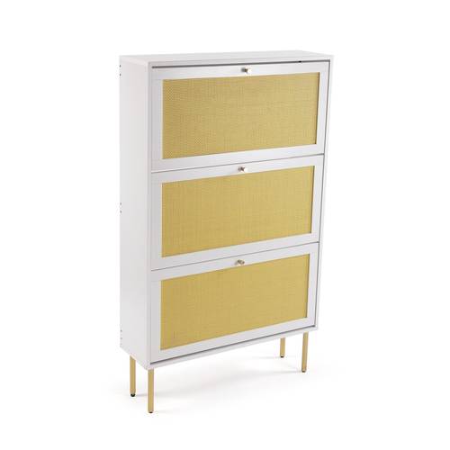 Scarpiera rattan 3 ante legno bianco con piedi metallo oro 136h
