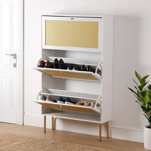 Scarpiera rattan 3 ante legno bianco con piedi metallo oro 136h