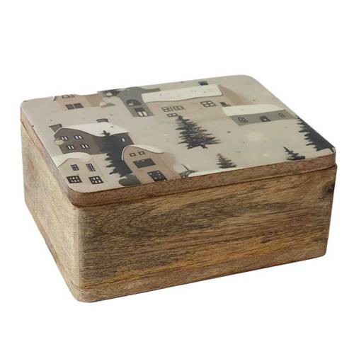 Scatola Mountain casette e alberi legno decorato 25x20