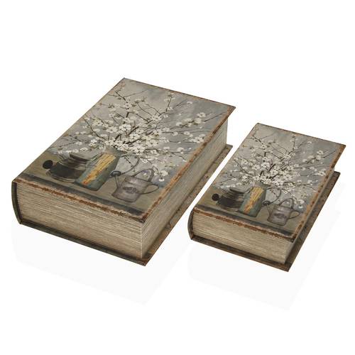 Scatola a libro Fiori tela decorata con vasi vintage e ramo di fiori bianchi
