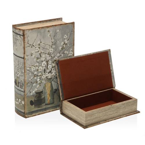 Scatola a libro Fiori tela decorata con vasi vintage e ramo di fiori bianchi