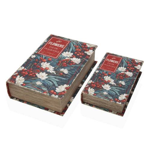 Scatola a libro Flowers tela decorata con fiori bianchi e bacche rosse