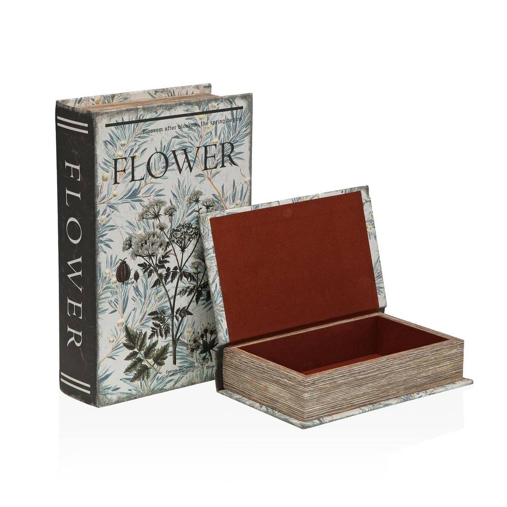 Scatola a libro Flowers tela decorata con fiori bianchi su sfondo azzurro