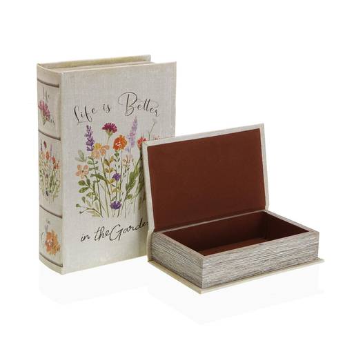 Scatola a libro Life is better in the garden tela decorata con fiori colorati