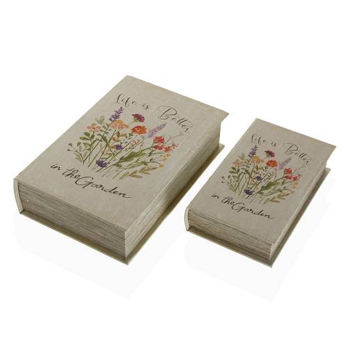 Scatola a libro Life is better in the garden tela decorata con fiori colorati