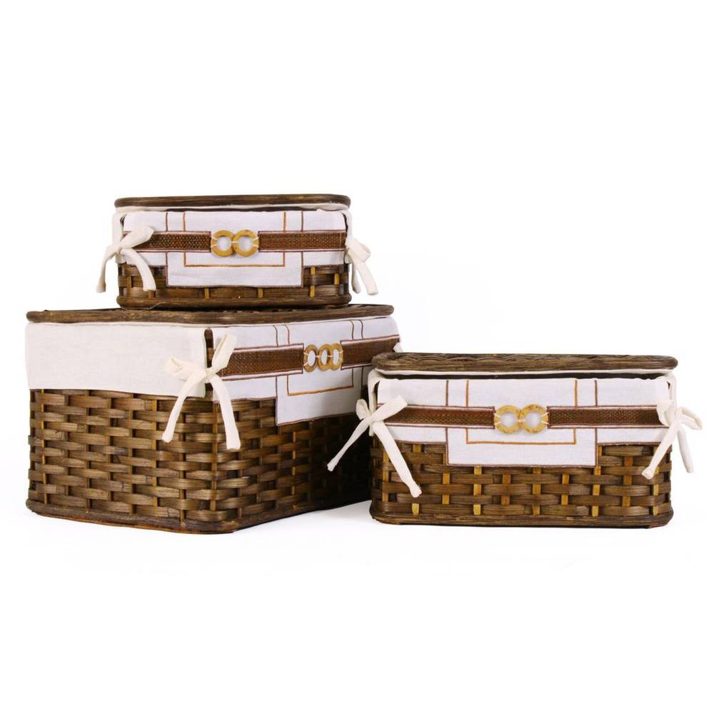 Scatola intreccio bamboo noce con fodera bianca applicazione bottoni