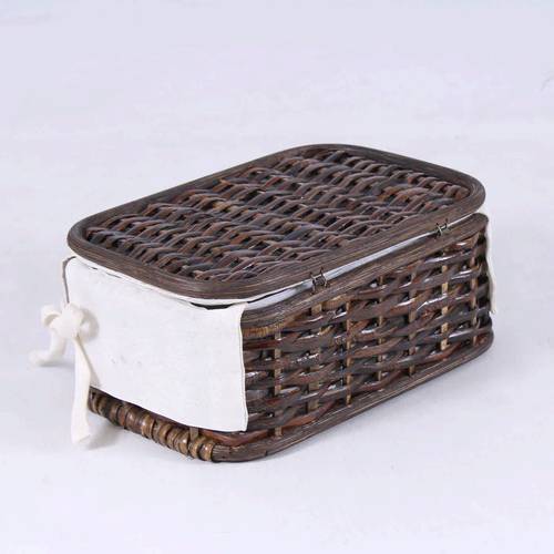 Scatola intreccio bamboo noce con fodera ricamo foglie