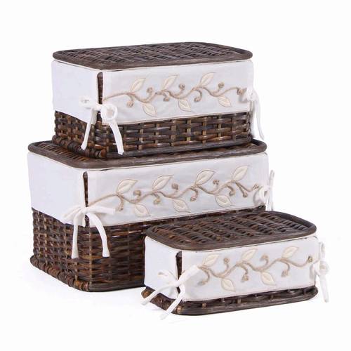 Scatola intreccio bamboo noce con fodera ricamo foglie