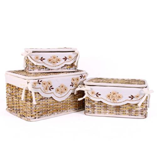 Scatola intreccio rattan naturale sbiancato con fodera ricamo fiori