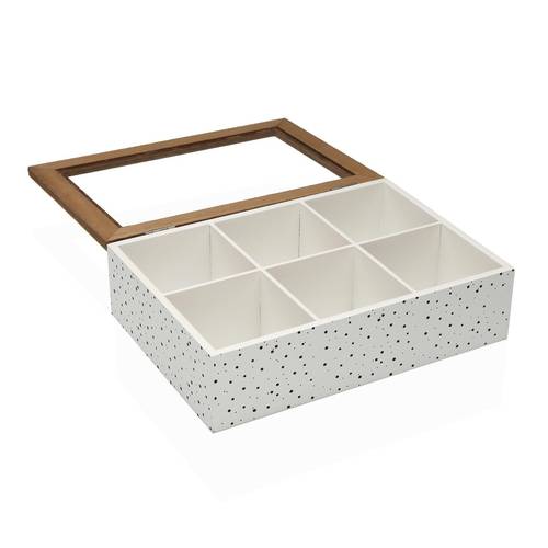 Scatola legno bianca pois porta bustine the con vetro 6 posti