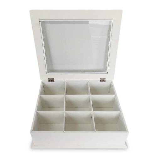 Scatola legno bianco crema porta bustine the con vetro 9 posti
