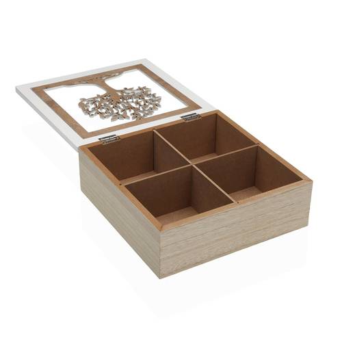 Scatola legno porta bustine the e tisane intaglio albero della vita bianco 4 scomparti
