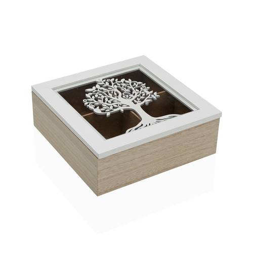 Scatola legno porta bustine the e tisane intaglio albero della vita bianco 4 scomparti