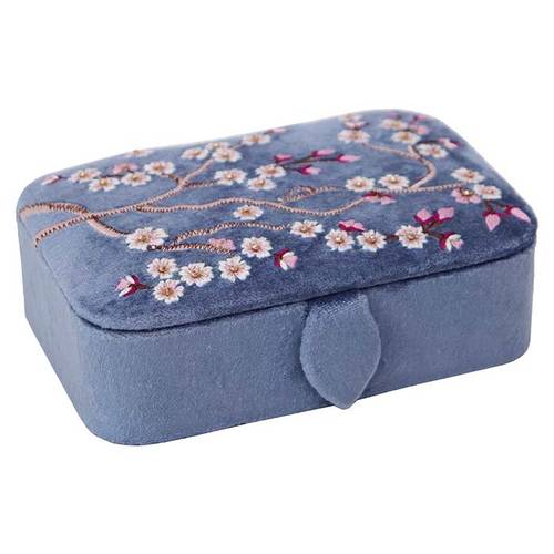 Scatola porta gioielli velluto blu ricamo fiori Sakura con divisorie
