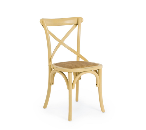 Sedia cross giallo ocra legno olmo con seduta rattan