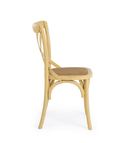 Sedia cross giallo ocra legno olmo con seduta rattan