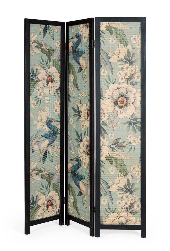 Separè 3 ante bamboo azzurro decoro fiori e uccellini 180h