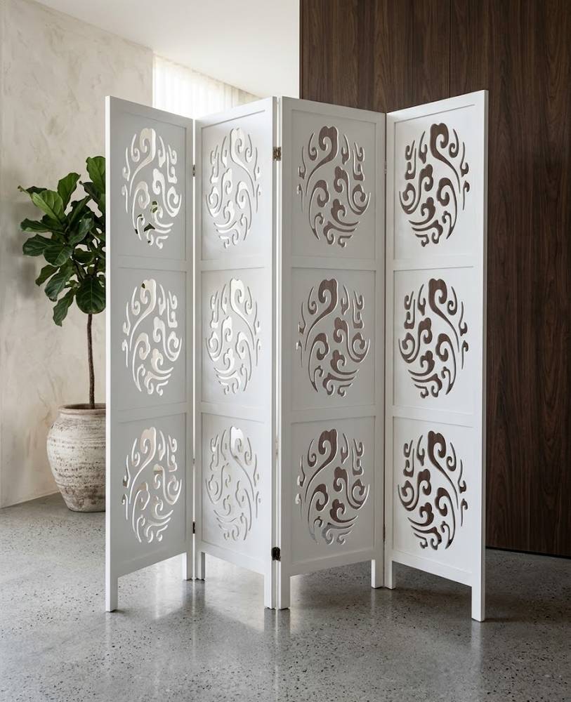 Separè legno bianco traforato fiori 4 ante