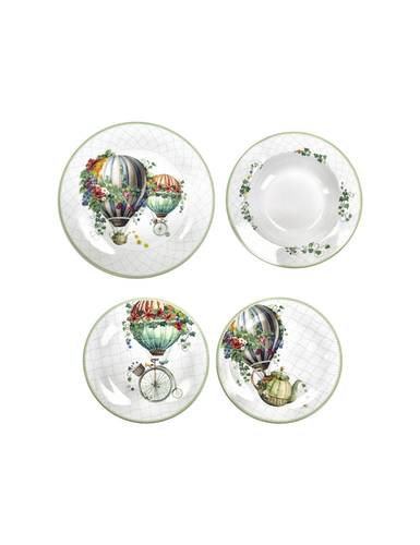 Servizio piatti Wonderland decoro mongolfiere porcellana 18 pezzi