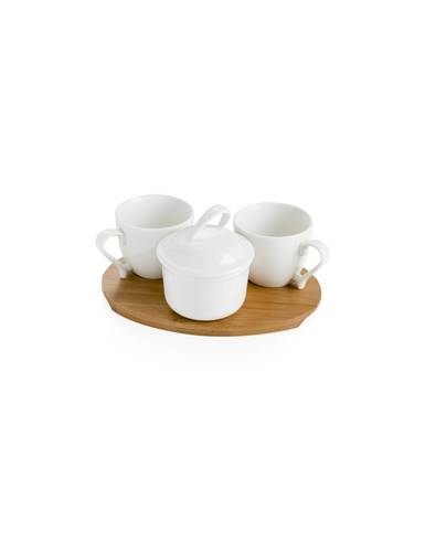 Set coffee porcellana bianca 2 tazzine e zuccheriera con piattino bamboo