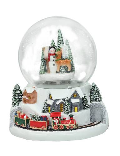 Sfera neve pupazzo con decoro trenino con carillon e luci 17h