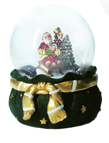Sfera neve sacco verde babbo natale con slitta e carillon 14,5h