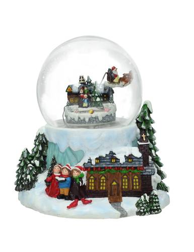 Sfera neve tre cantori con casa e slitta di babbo natale con carillon 20h