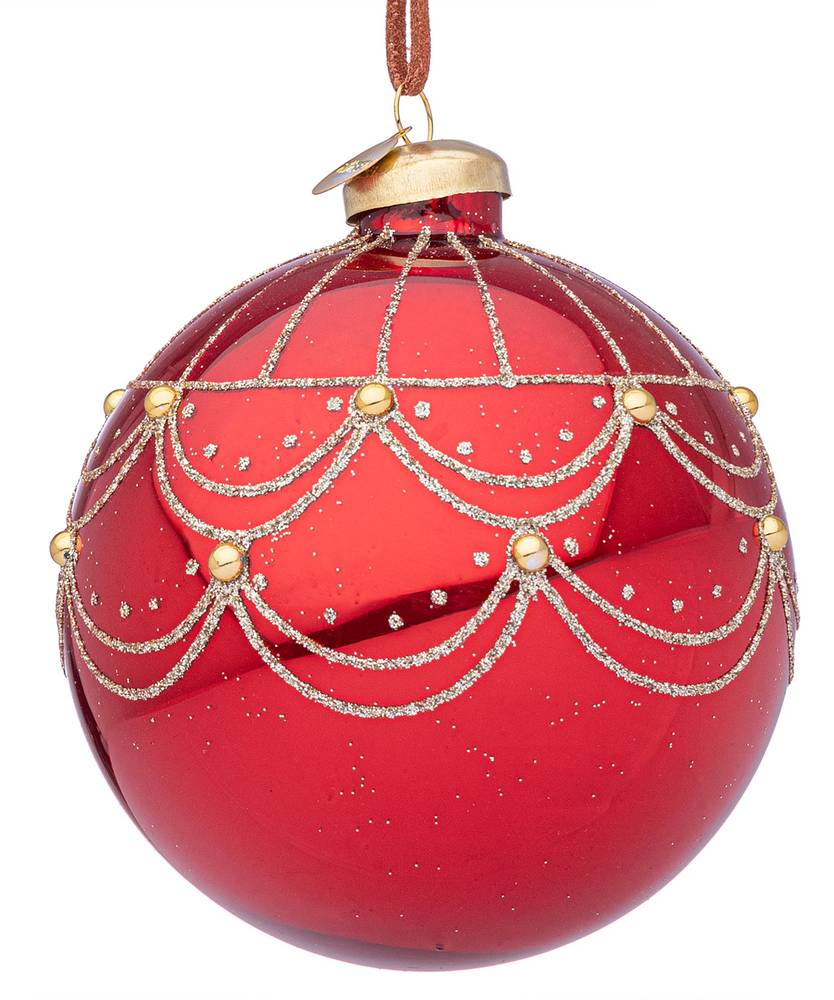 Sfera rossa vetro festone oro cm 10 per albero