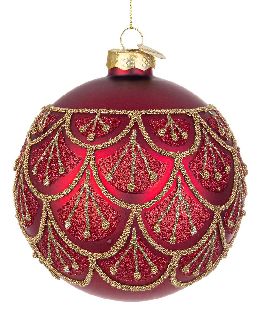 Sfera rossa vetro festoni e ventagli oro cm 10 per albero