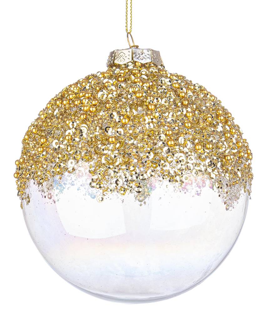 Sfera trasparente iridescente vetro paillettes oro cm 10