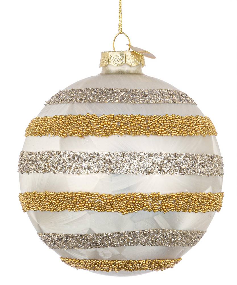 Sfera vetro bianca righe di paillettes oro argento cm10