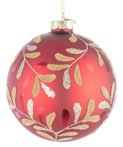 Sfera vetro rossa rametti con foglie oro cm10