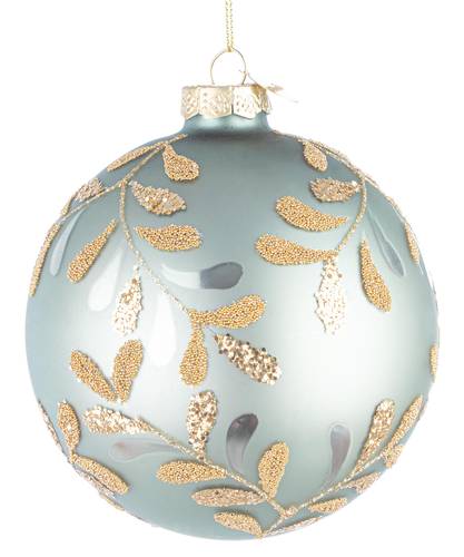 Sfera vetro verde acqua rametti con foglie oro cm10