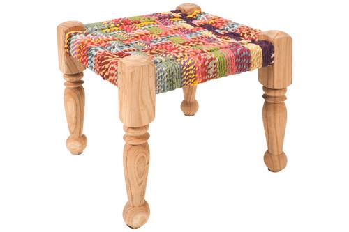 Sgabello cotone colorato intrecciato e legno naturale