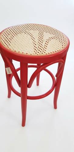 Sgabello tipo thonet legno curvato rosso e seduta paglia di vienna 55h