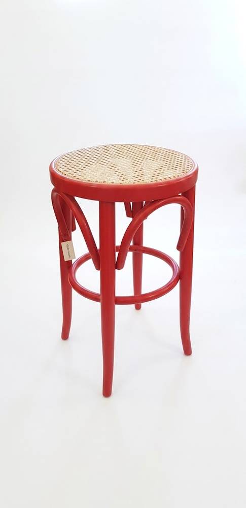 Sgabello tipo thonet legno curvato rosso e seduta paglia di vienna 55h