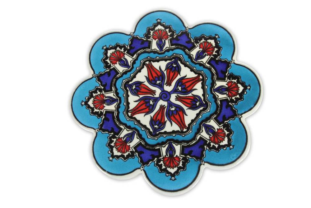 Sottopentola fiore ceramica fiori rossi fondo azzurro