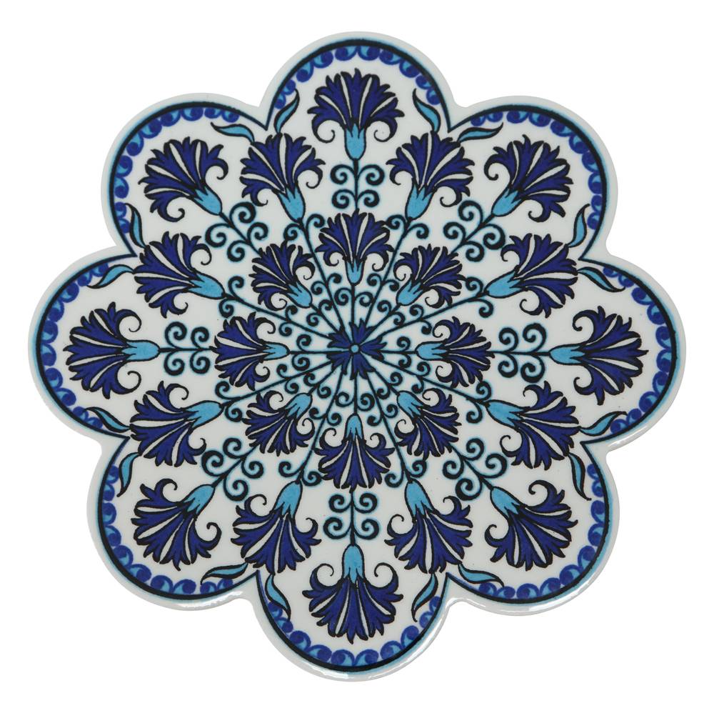 Sottopentola fiore ceramica decoro fiori blu su fondo bianco