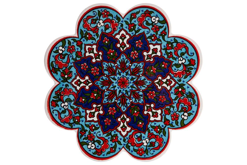 Sottopentola fiore ceramica decoro fiori rossi su fondo azzurro e blu
