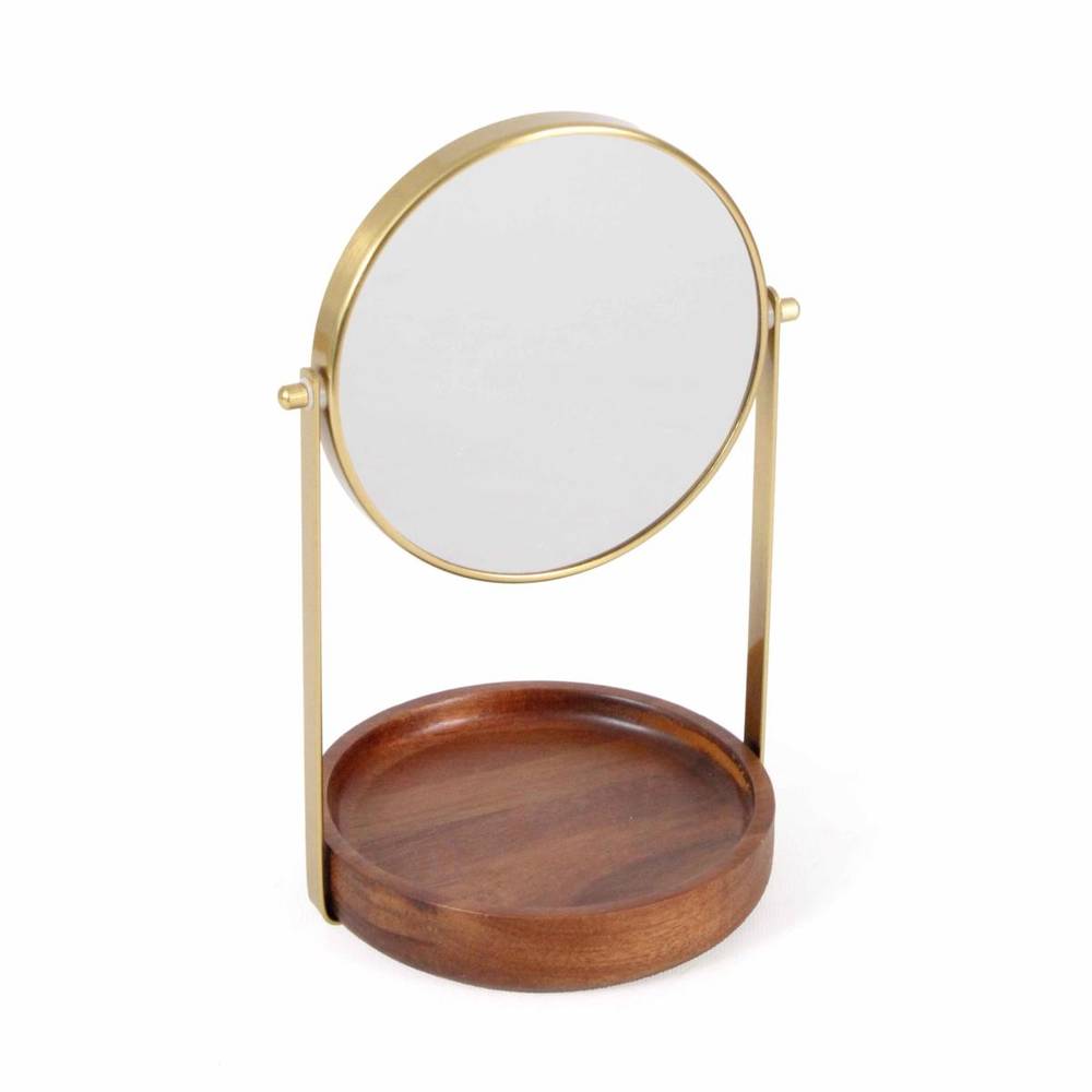 Specchio da tavolo legno acacia e metallo oro girevole