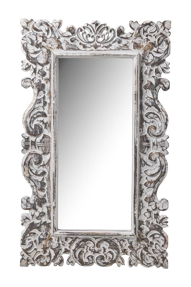 Specchio imperial legno intarsiato a foglie grigio sbiancato 60x100h