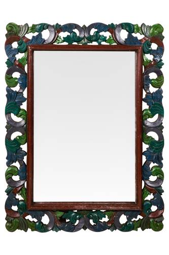 Specchio legno intarsiato foglie colorato blu e verde 68x90