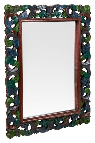 Specchio legno intarsiato foglie colorato blu e verde 68x90